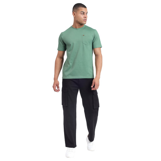 Mentoos Men's Textured Solid Olive Green Regular Fit Cotton T-shirt.