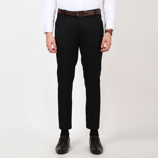 Flat front Solid slim fit trousers Black