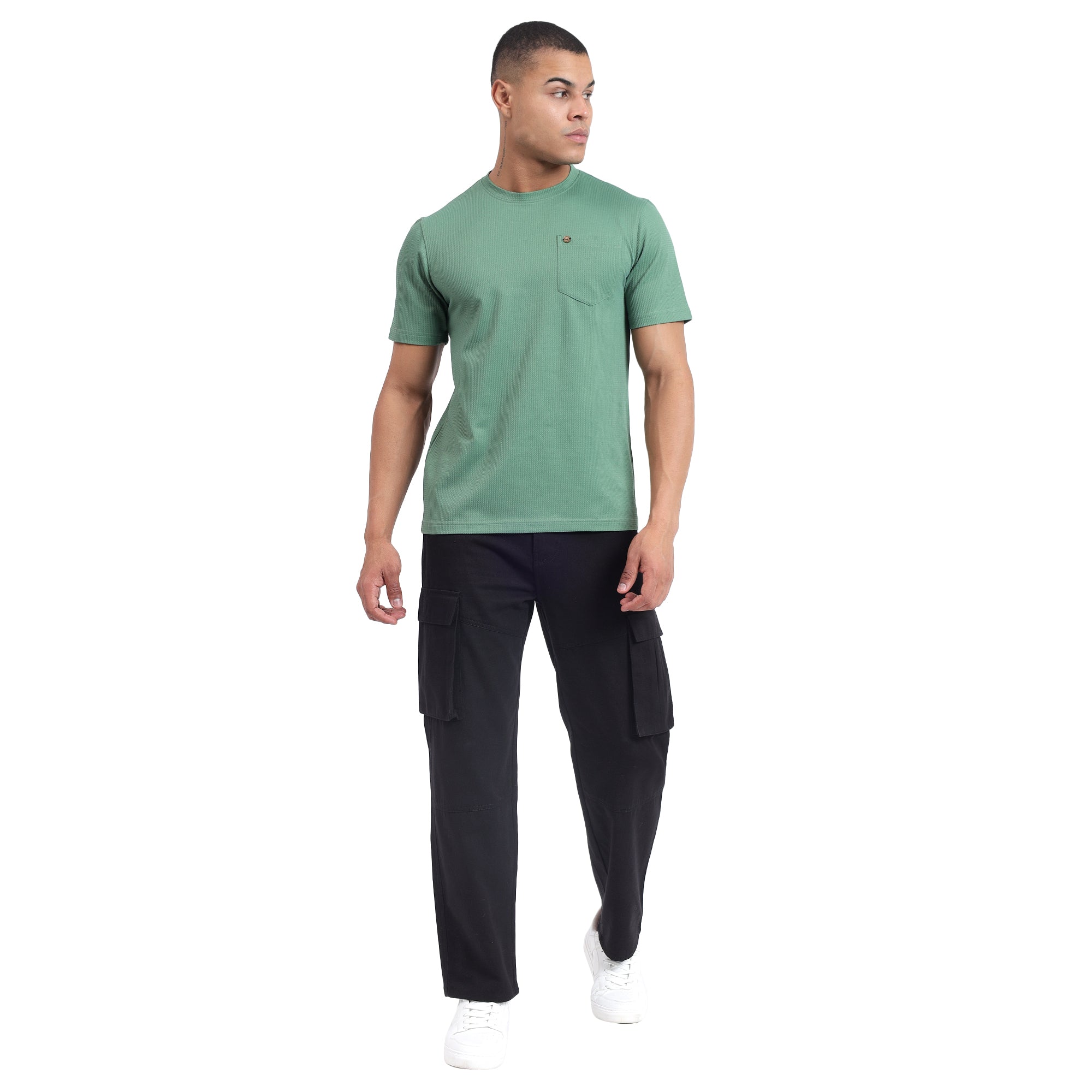 Mentoos Men's Textured Solid Olive Green Regular Fit Cotton T-shirt.