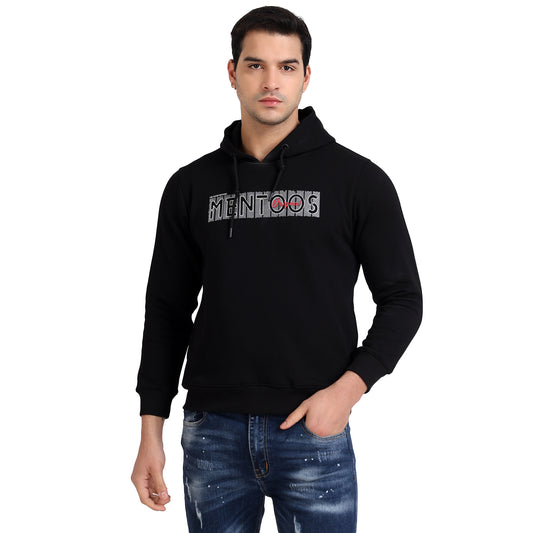 Mentoos Black Printed Hooded Sweatshirt with Kangaroo Pocket.