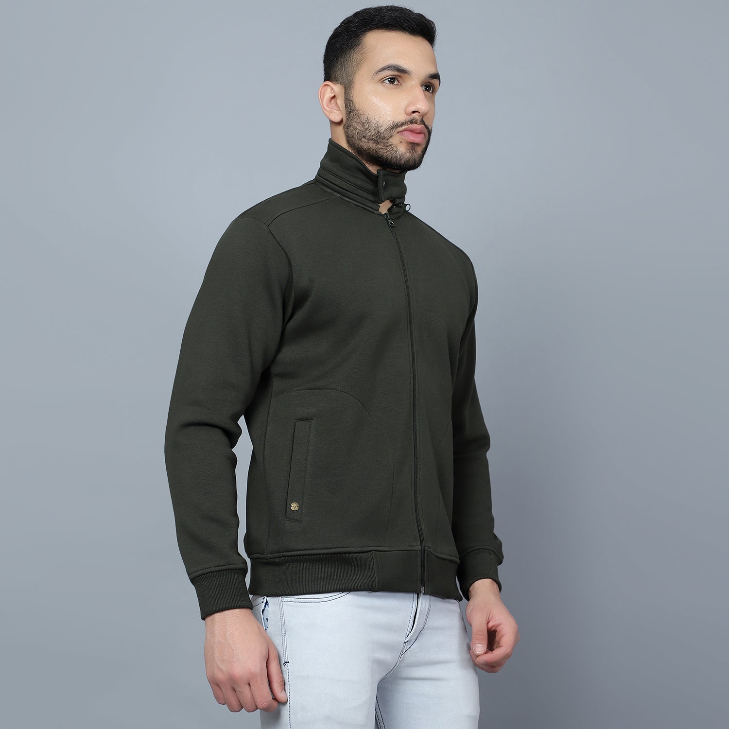 Mentoos Mock Collar Zipper Cotton Sweatshirt Olive Green