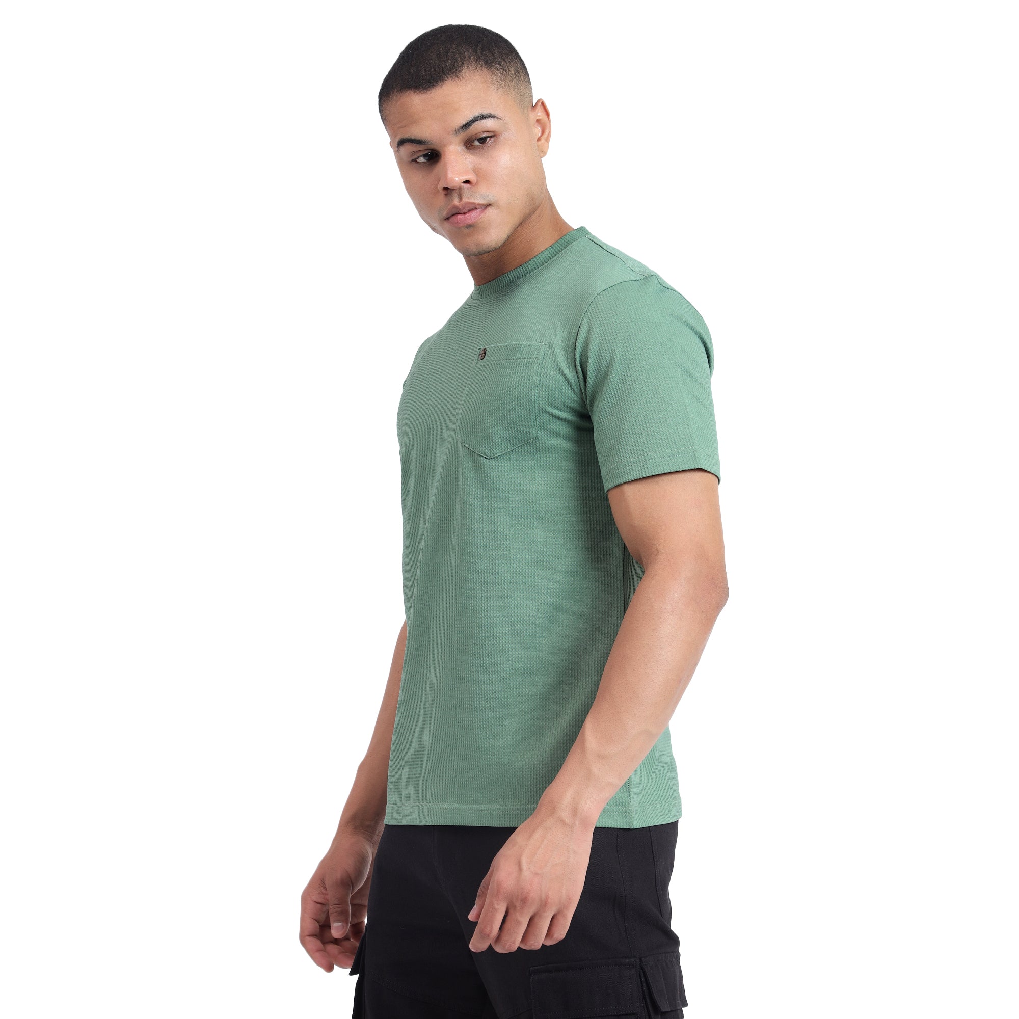 Mentoos Men's Textured Solid Olive Green Regular Fit Cotton T-shirt.