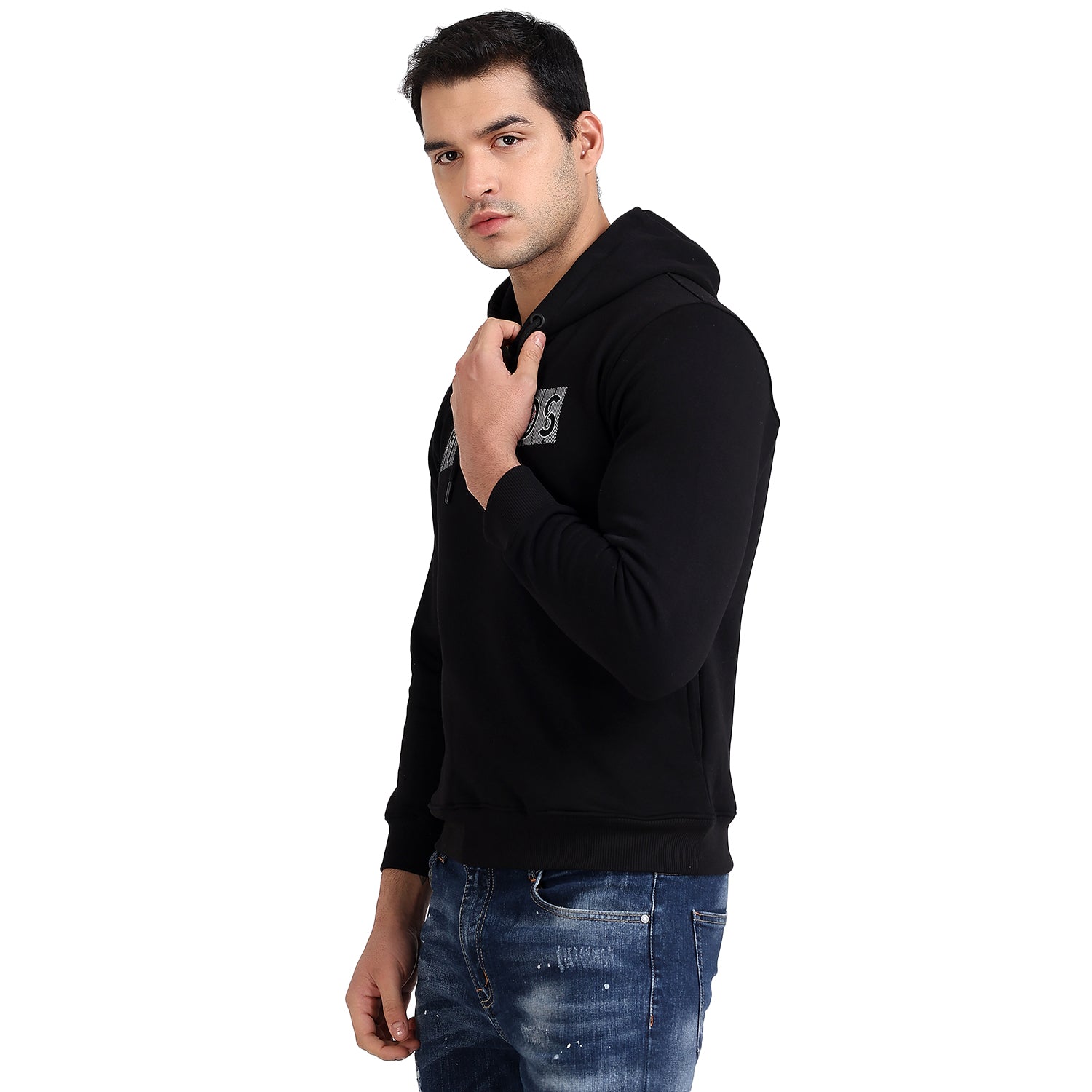 Mentoos Black Printed Hooded Sweatshirt with Kangaroo Pocket.
