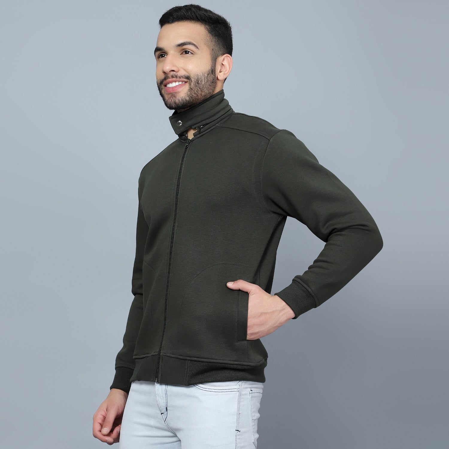 Mentoos Mock Collar Zipper Cotton Sweatshirt Olive Green