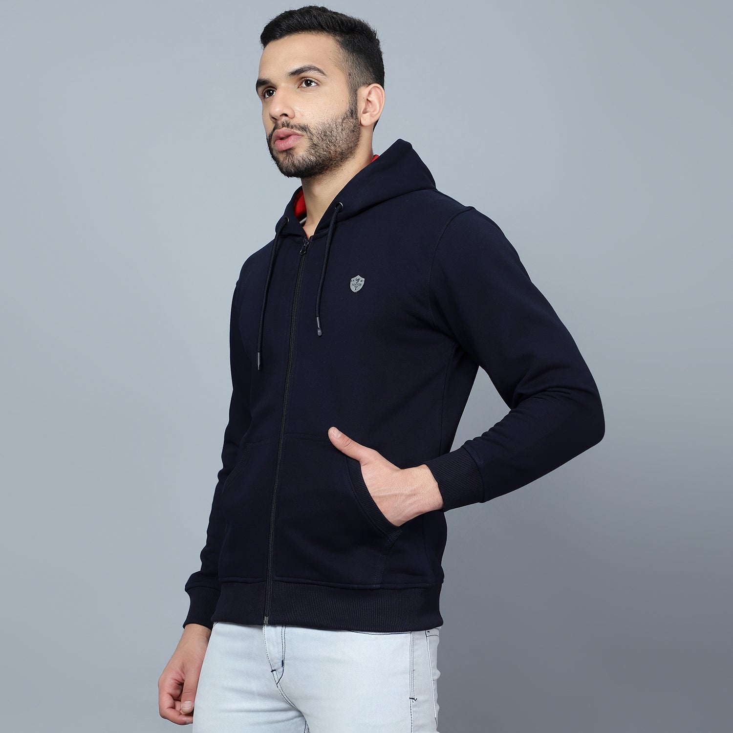 Mentoos Zipper Hoodie with Split Kangaroo Pocket Navy Blue