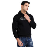 Mentoos Black Printed Hooded Sweatshirt with Kangaroo Pocket.