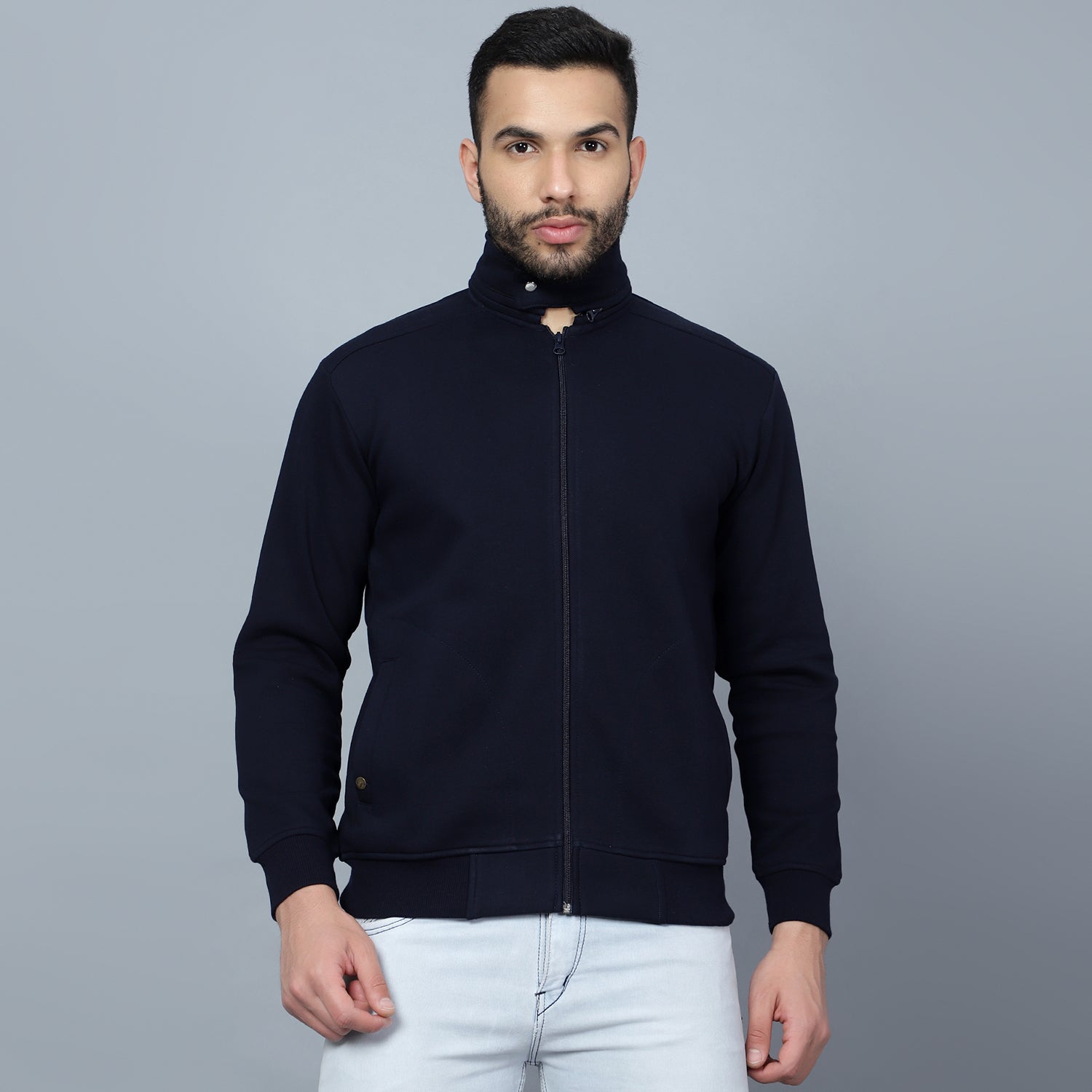 Mentoos Mock Collar Zipper Cotton Sweatshirt Navy Blue