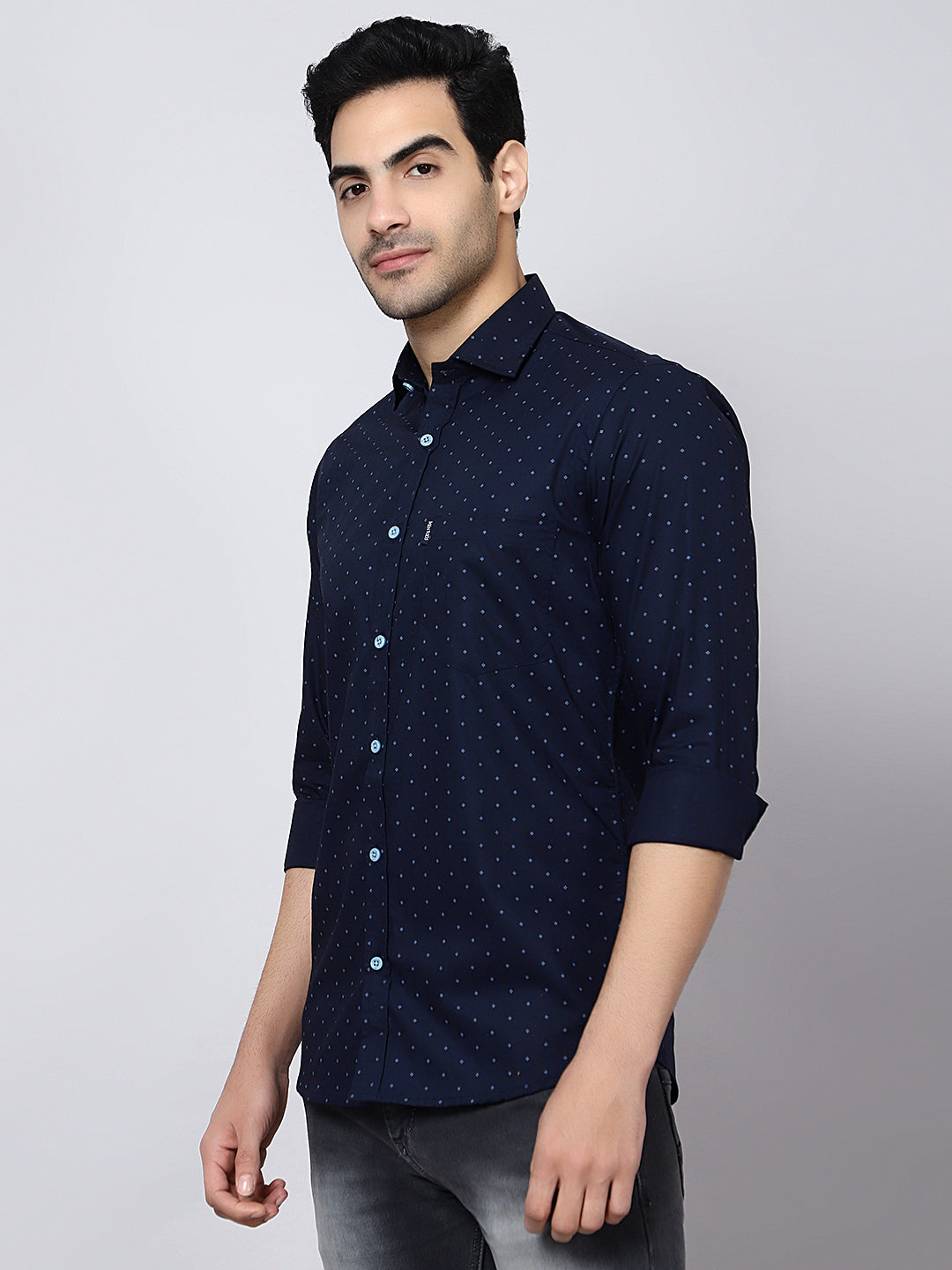 Mentoos Men's Blue Printed Cotton Casual Shirt