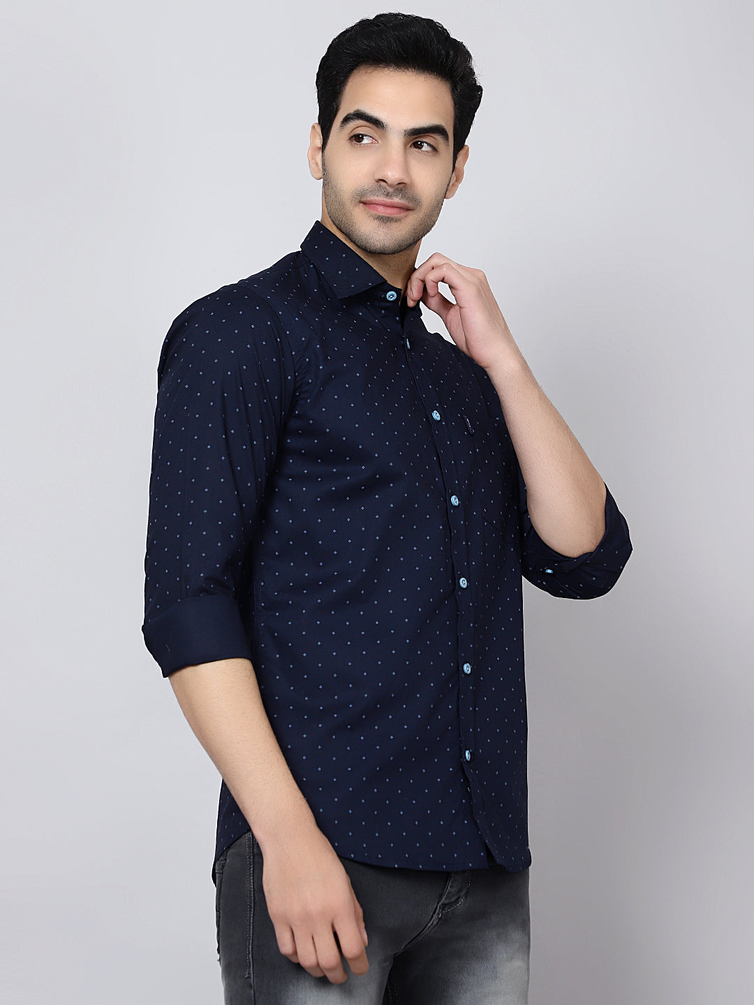 Mentoos Men's Blue Printed Cotton Casual Shirt