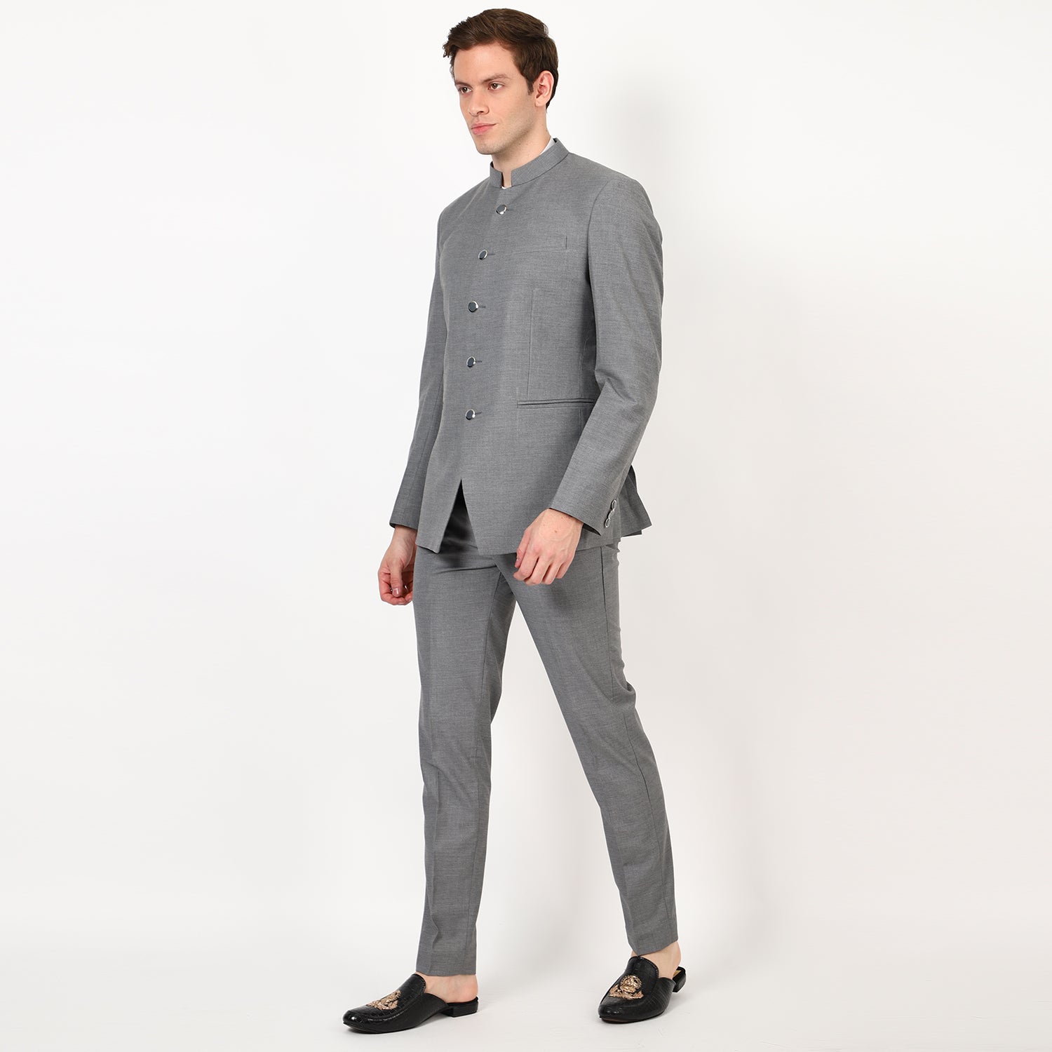 Mentoos Grey Bandhgala Jodhpuri Suits With Pant