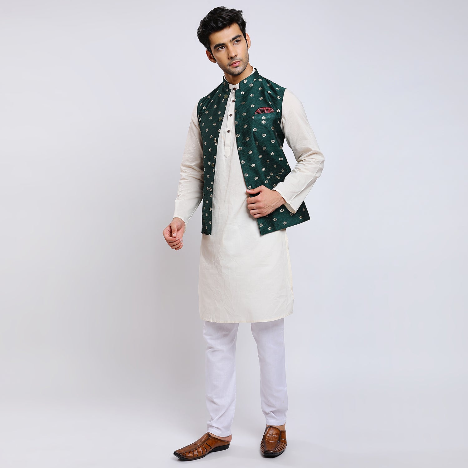 Awadhshree Bottle Green Jacquard Nehru Jacket