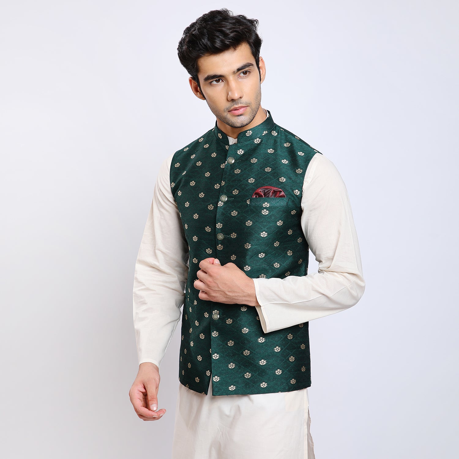 Awadhshree Bottle Green Jacquard Nehru Jacket