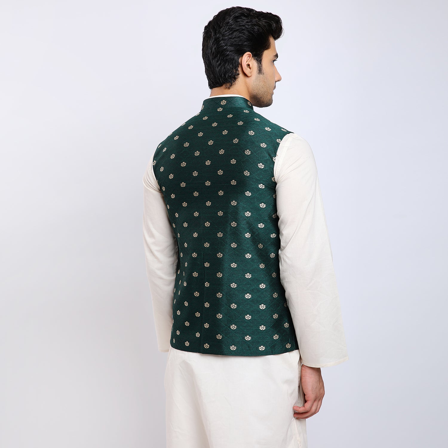 Awadhshree Bottle Green Jacquard Nehru Jacket