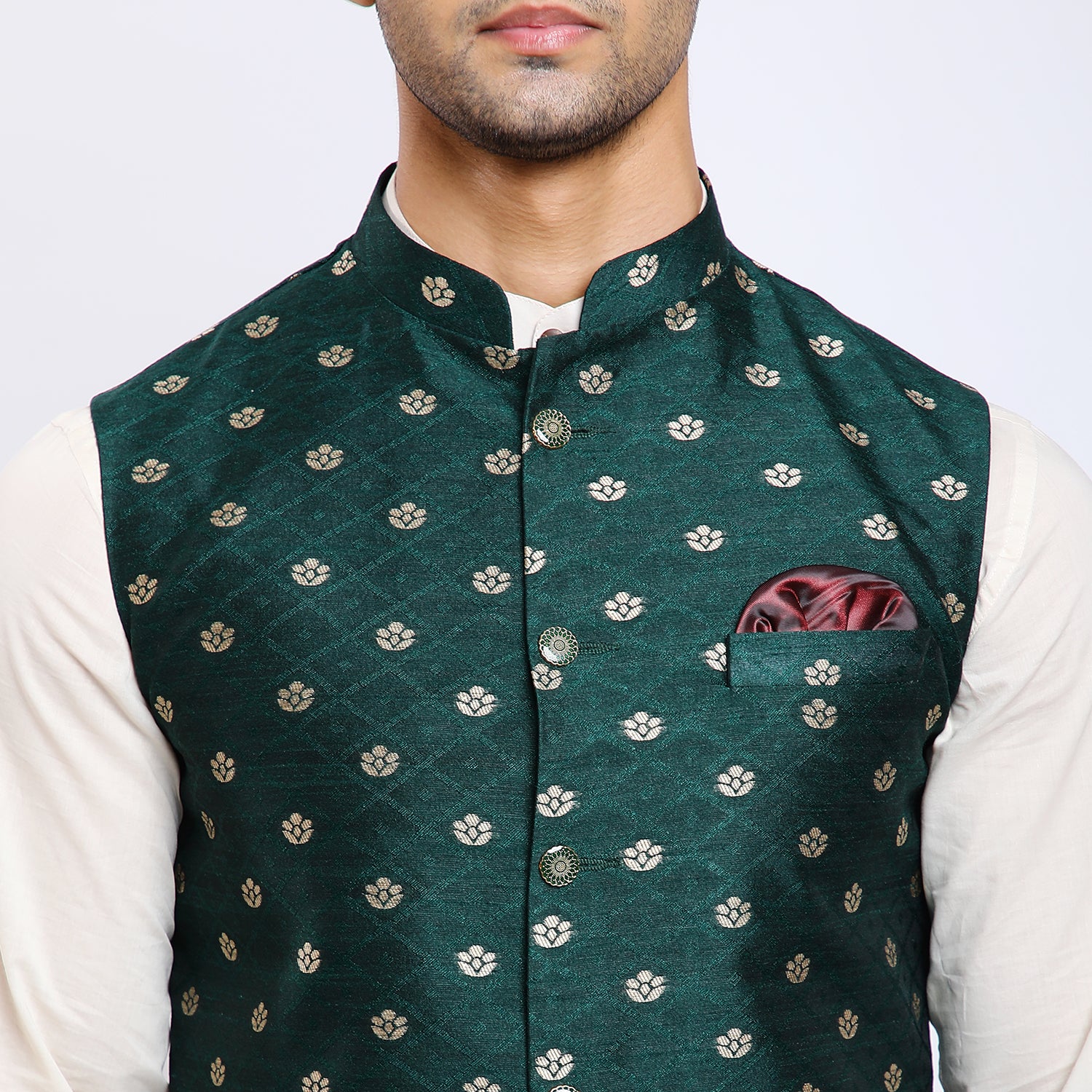 Awadhshree Bottle Green Jacquard Nehru Jacket