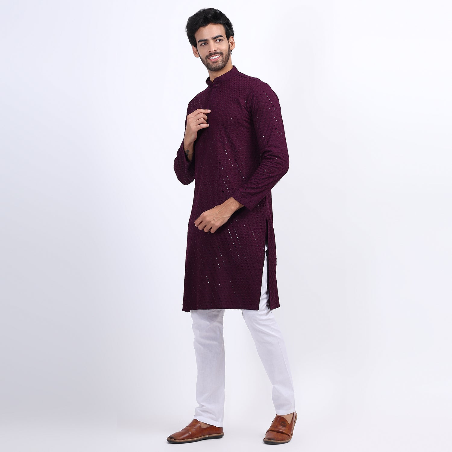 Awadhshree Wine Embroidered Kurta with Pajama