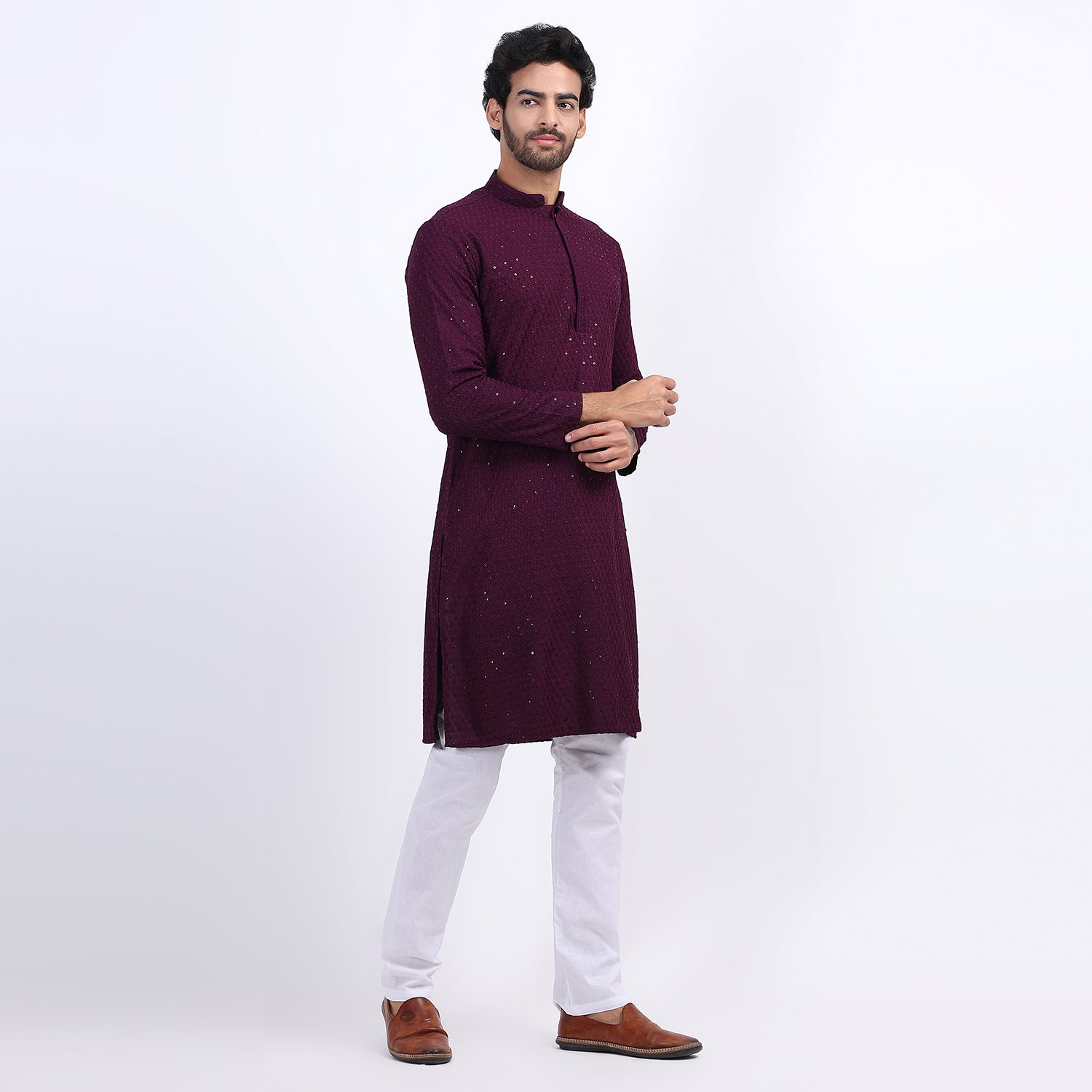 Awadhshree Wine Embroidered Kurta with Pajama
