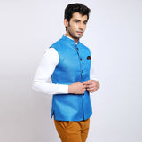 Awadhshree Jute Nehru Jacket Blue
