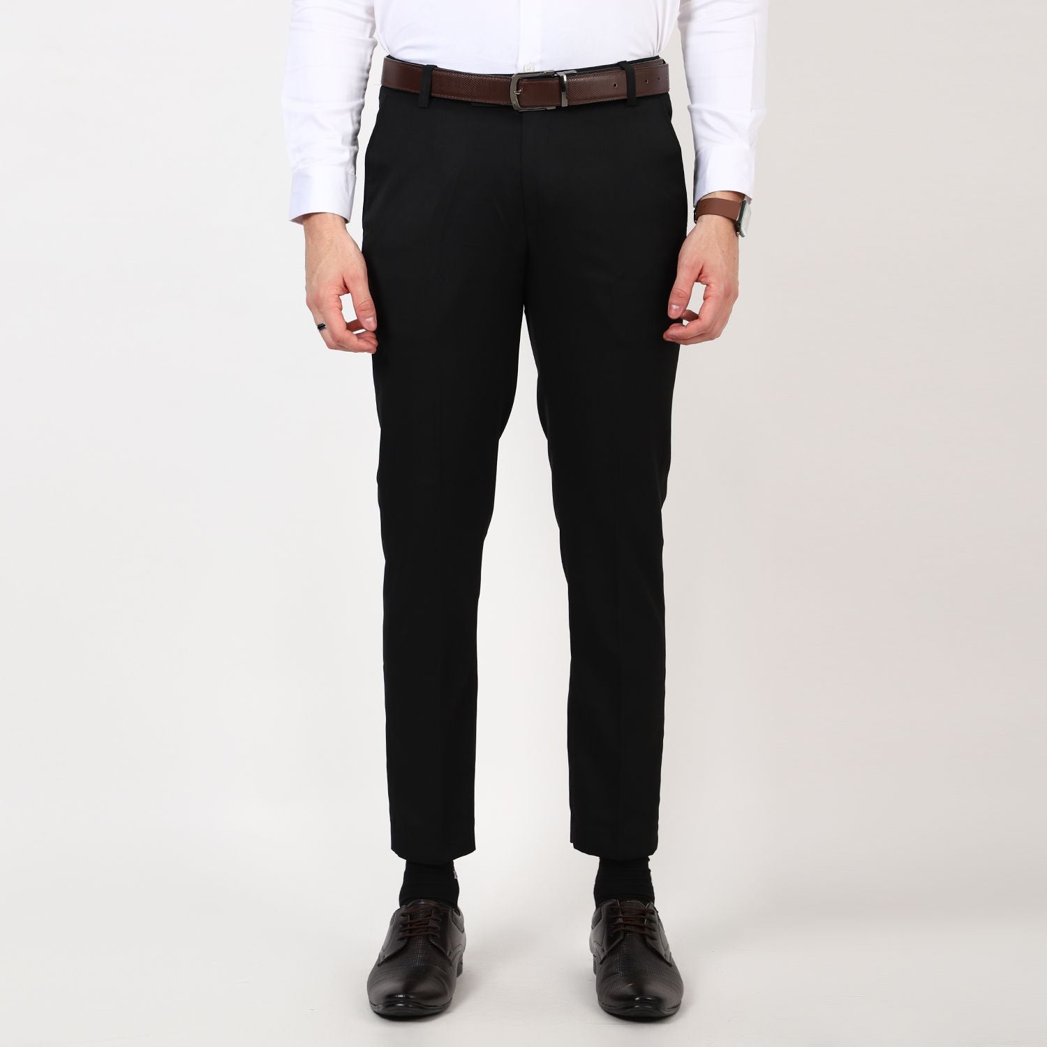 Flat front Solid slim fit trousers Black