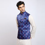 Awadhshree Satin Printed Nehru Jacket Blue
