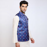 Awadhshree Satin Printed Nehru Jacket Blue
