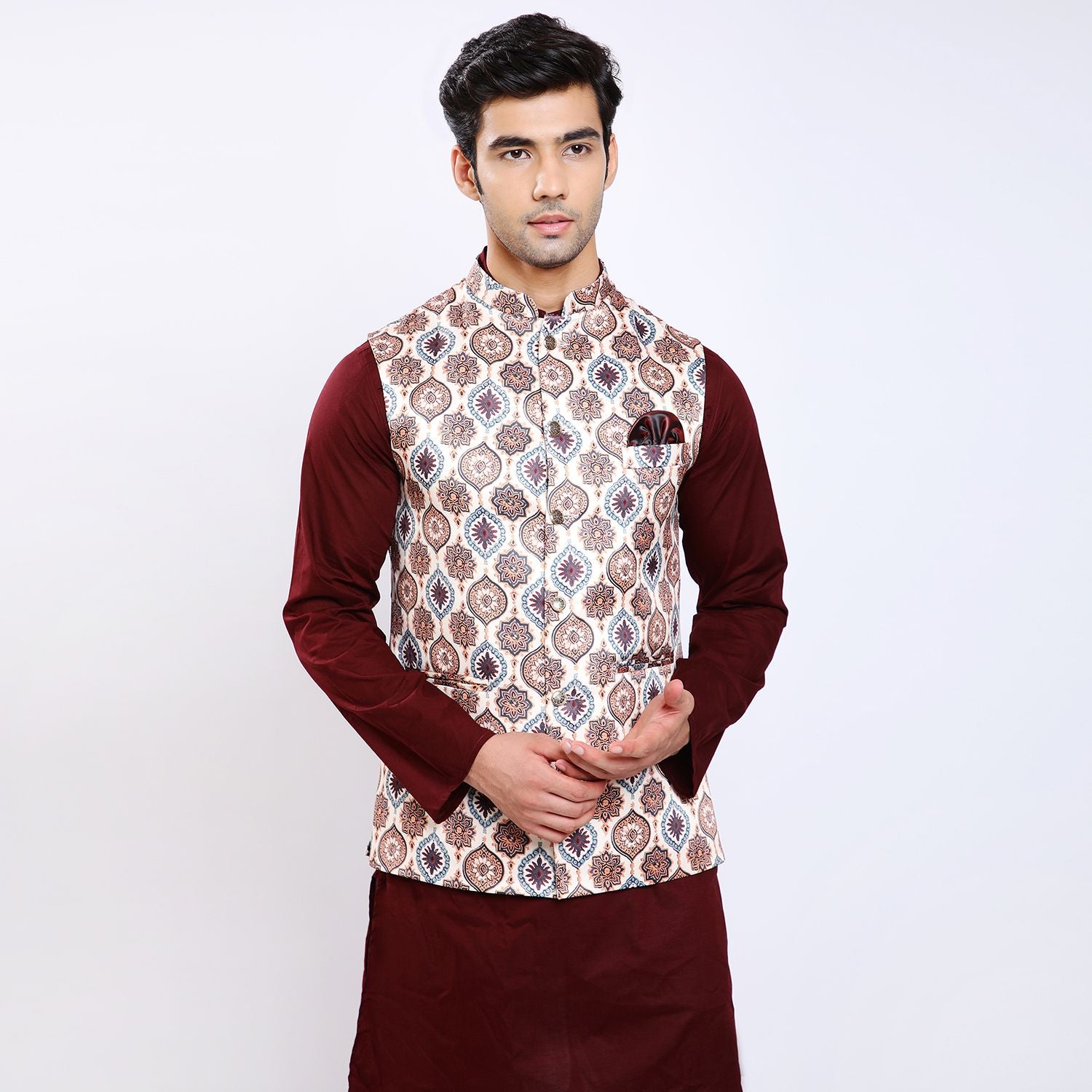 Awadhshree Satin Printed Nehru jacket Cream