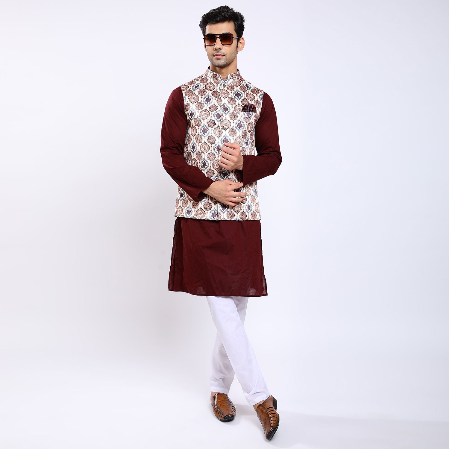 Awadhshree Satin Printed Nehru jacket Cream