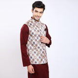 Awadhshree Satin Printed Nehru jacket Cream