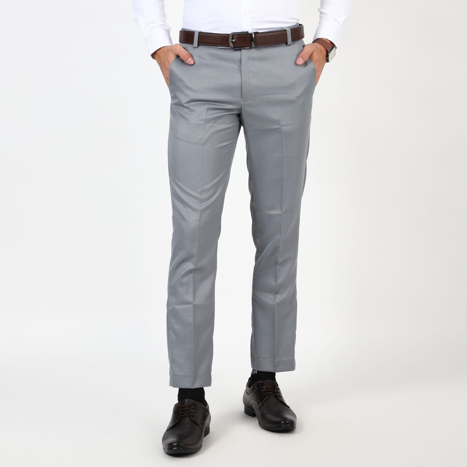Flat front Solid slim fit trousers Grey