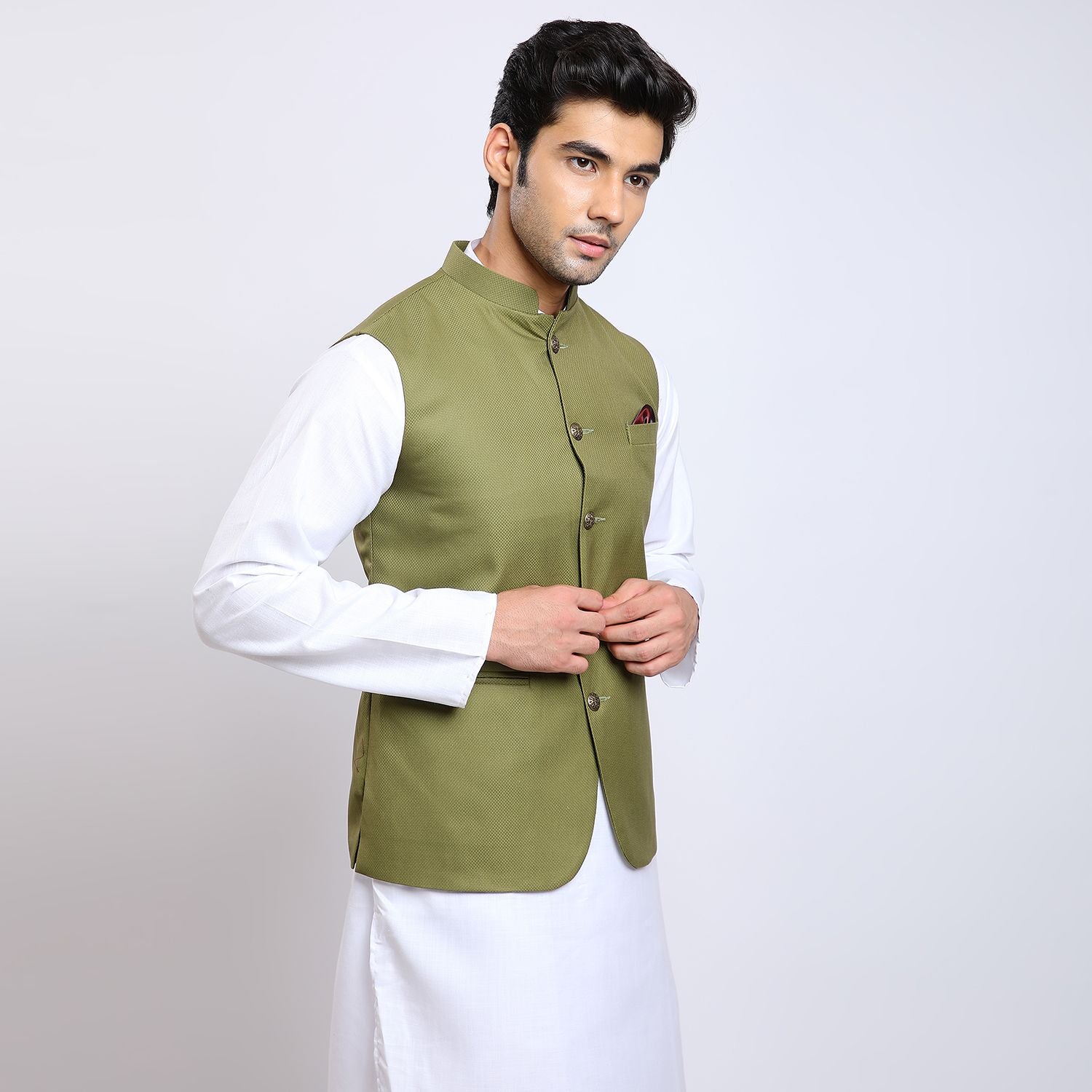 Awadhshree Solid Nehru Jacket Green