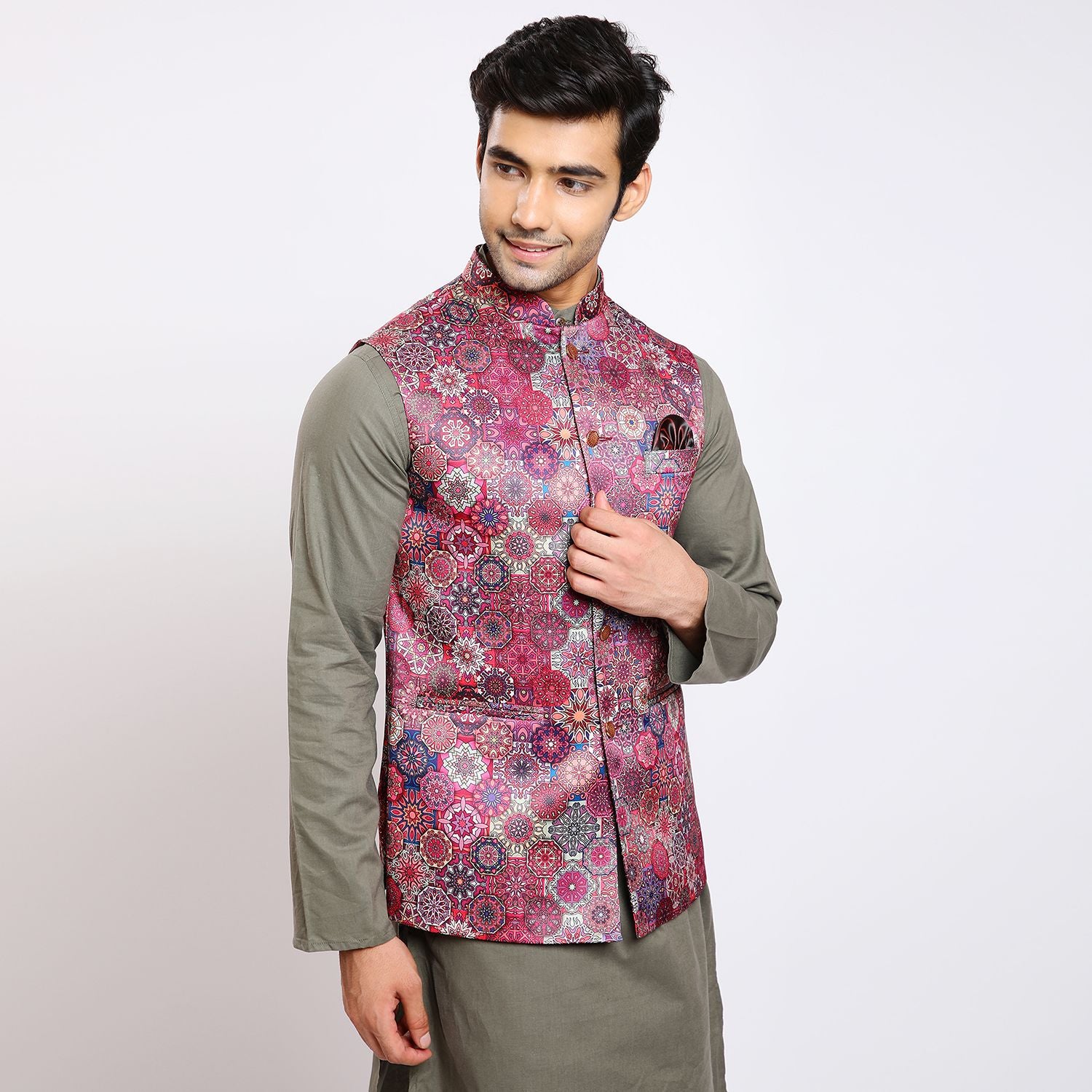 Awadhshree Satin Printed Nehru Jacket Pink