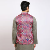 Awadhshree Satin Printed Nehru Jacket Pink