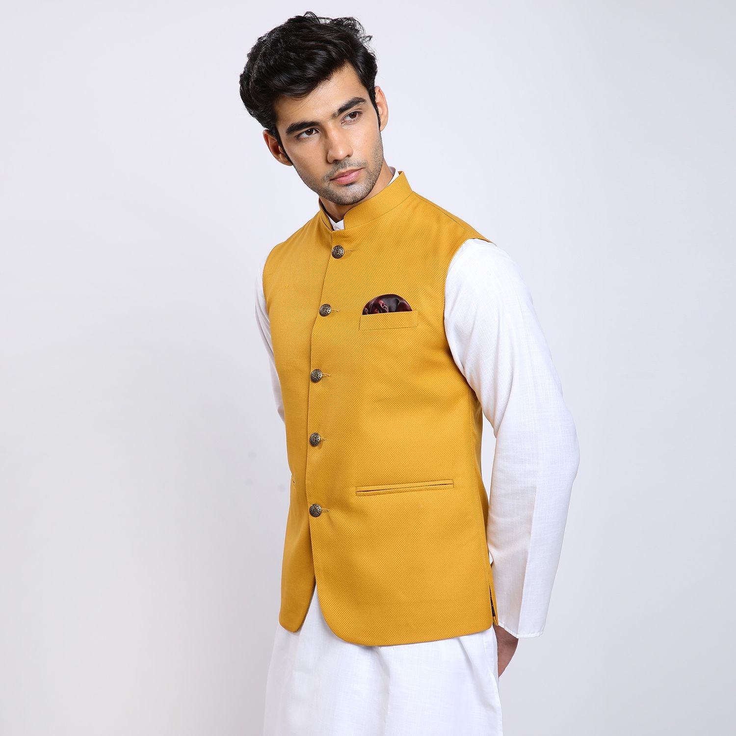 Awadhshree Solid Nehru Jacket Mustard