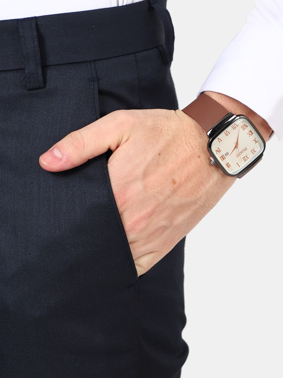 Flat front Solid slim fit trousers Navy Blue