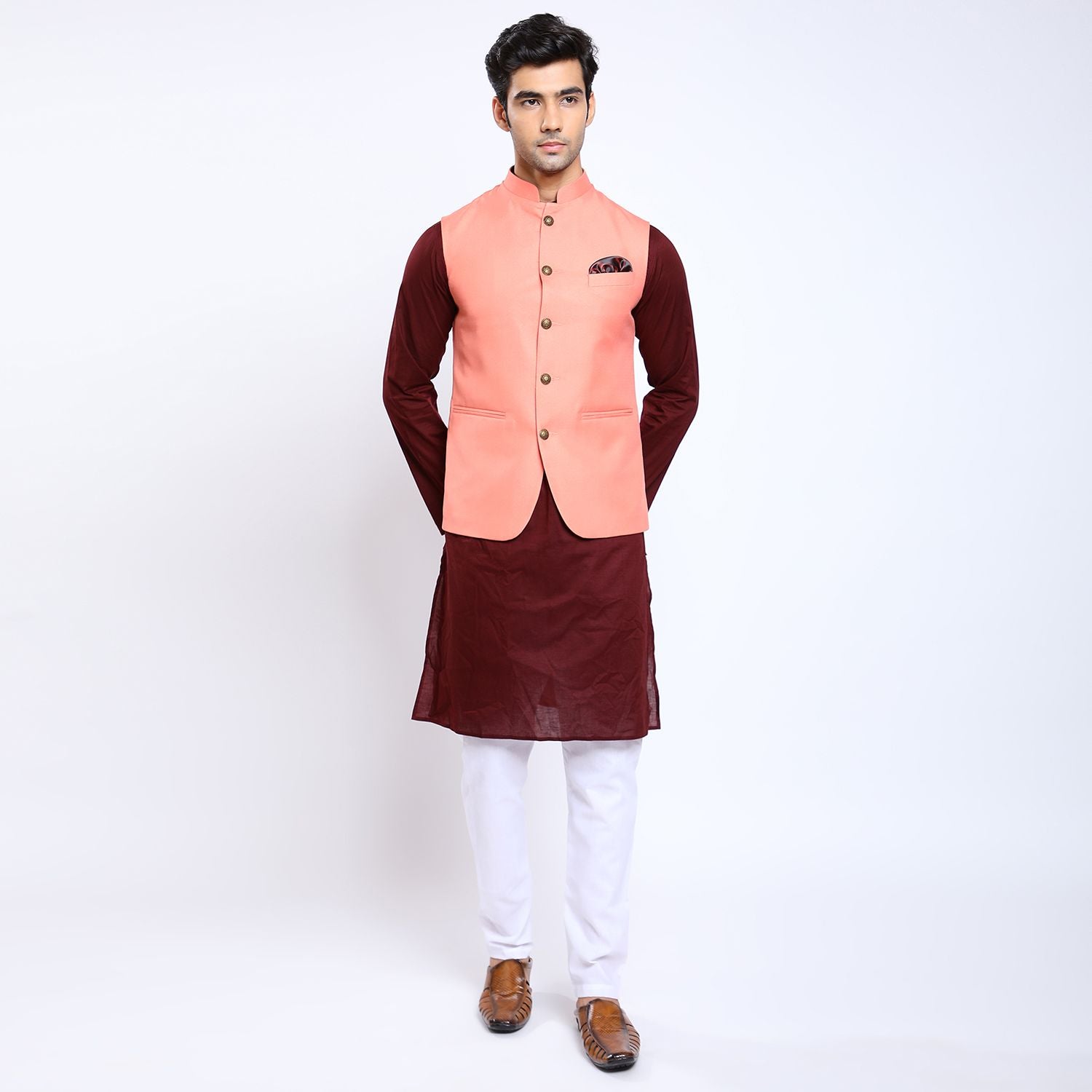 Awadhshree Solid Nehru Jacket Peach
