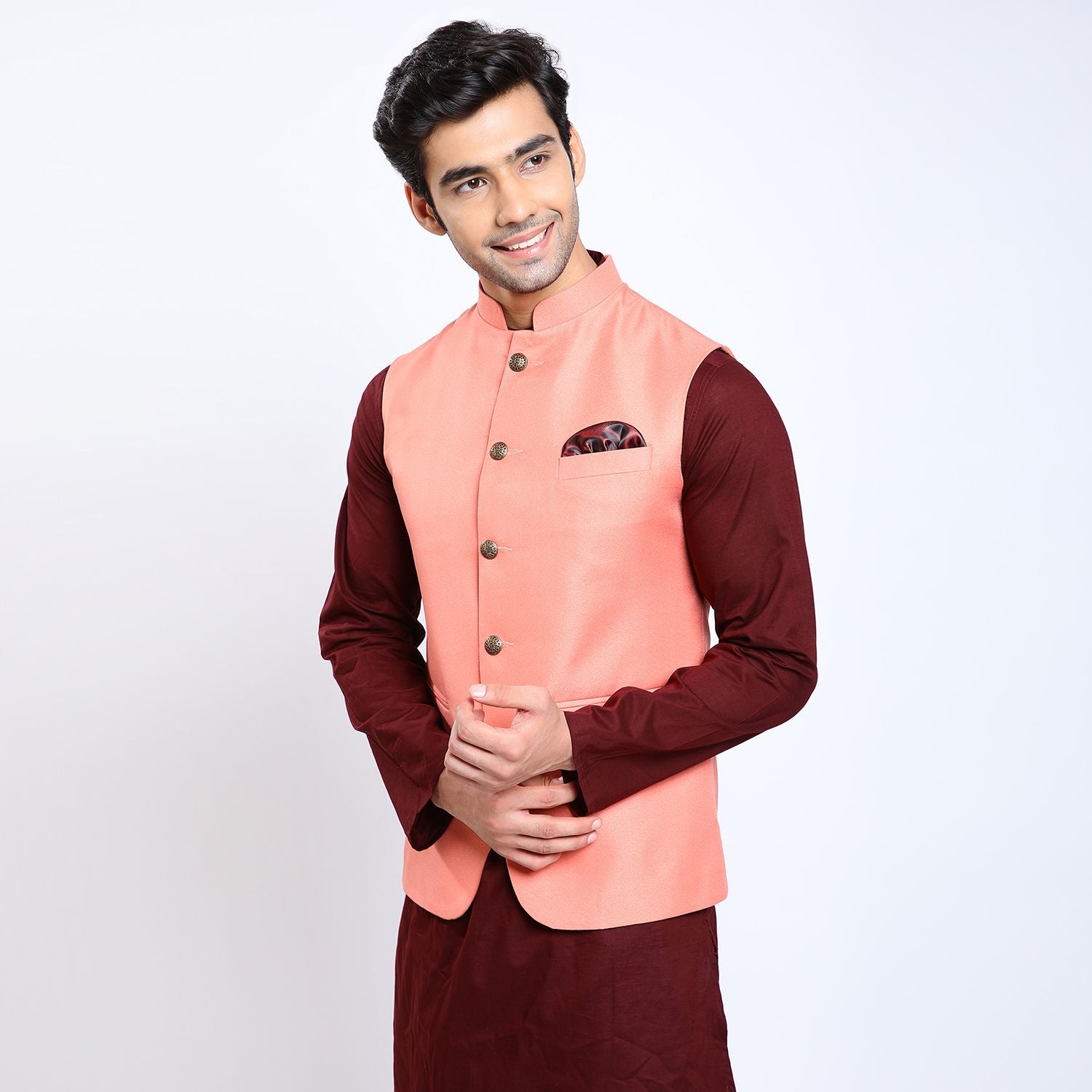 Awadhshree Solid Nehru Jacket Peach