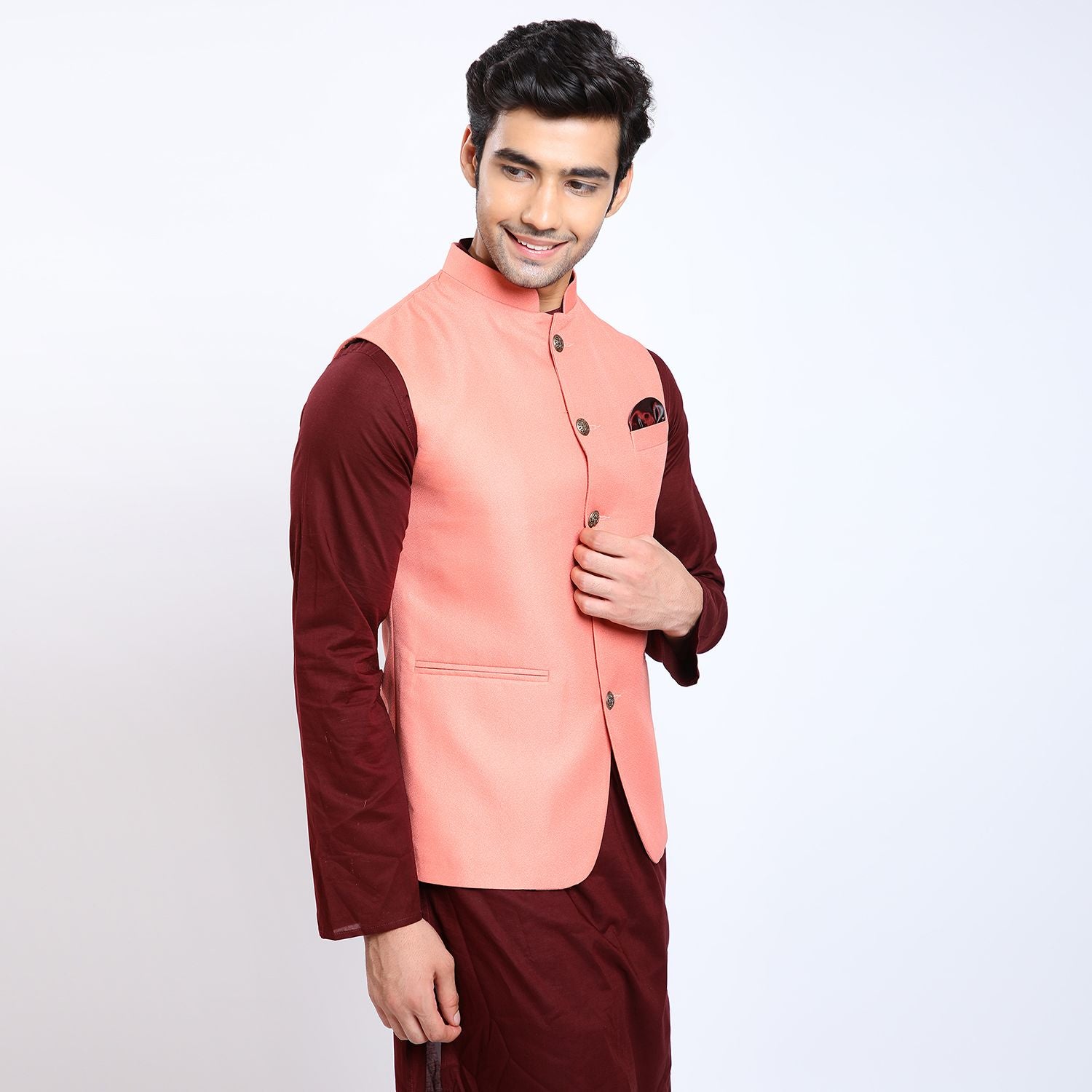 Awadhshree Solid Nehru Jacket Peach
