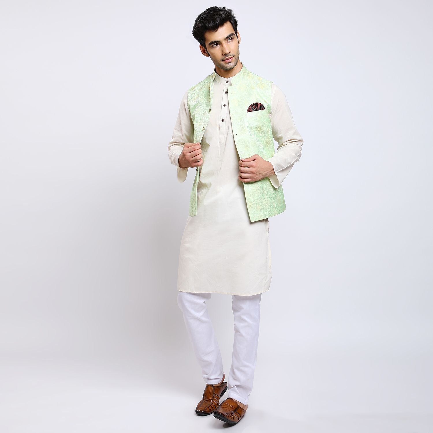 Awadhshree Self Design Nehru Jacket Pista Green