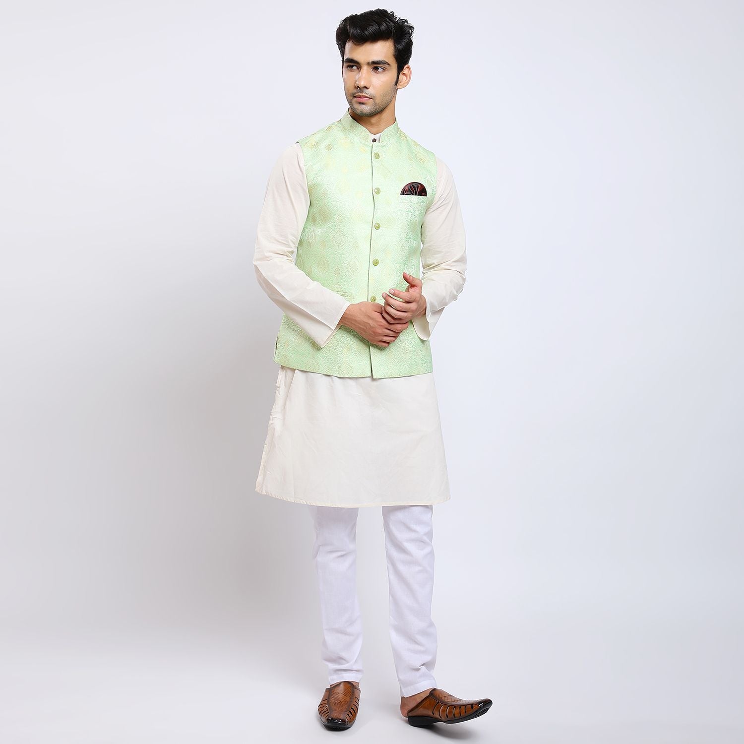 Awadhshree Self Design Nehru Jacket Pista Green