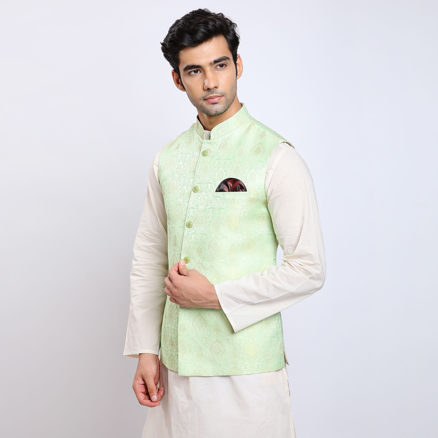 Awadhshree Self Design Nehru Jacket Pista Green