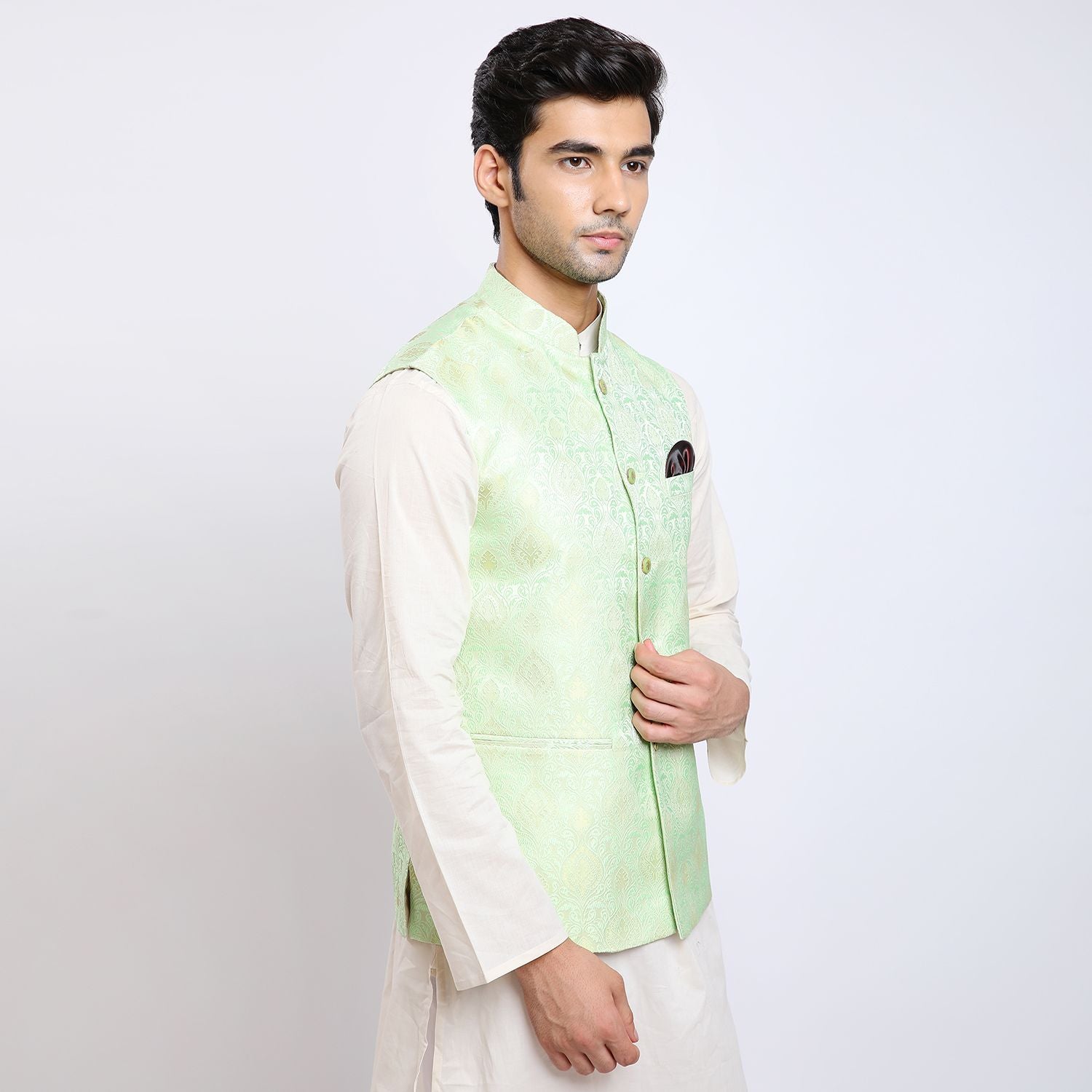 Awadhshree Self Design Nehru Jacket Pista Green