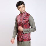 Awadhshree Satin Printed Nehru Jacket Red