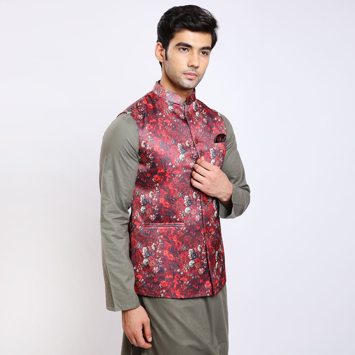 Awadhshree Satin Printed Nehru Jacket Red