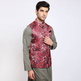Awadhshree Satin Printed Nehru Jacket Red
