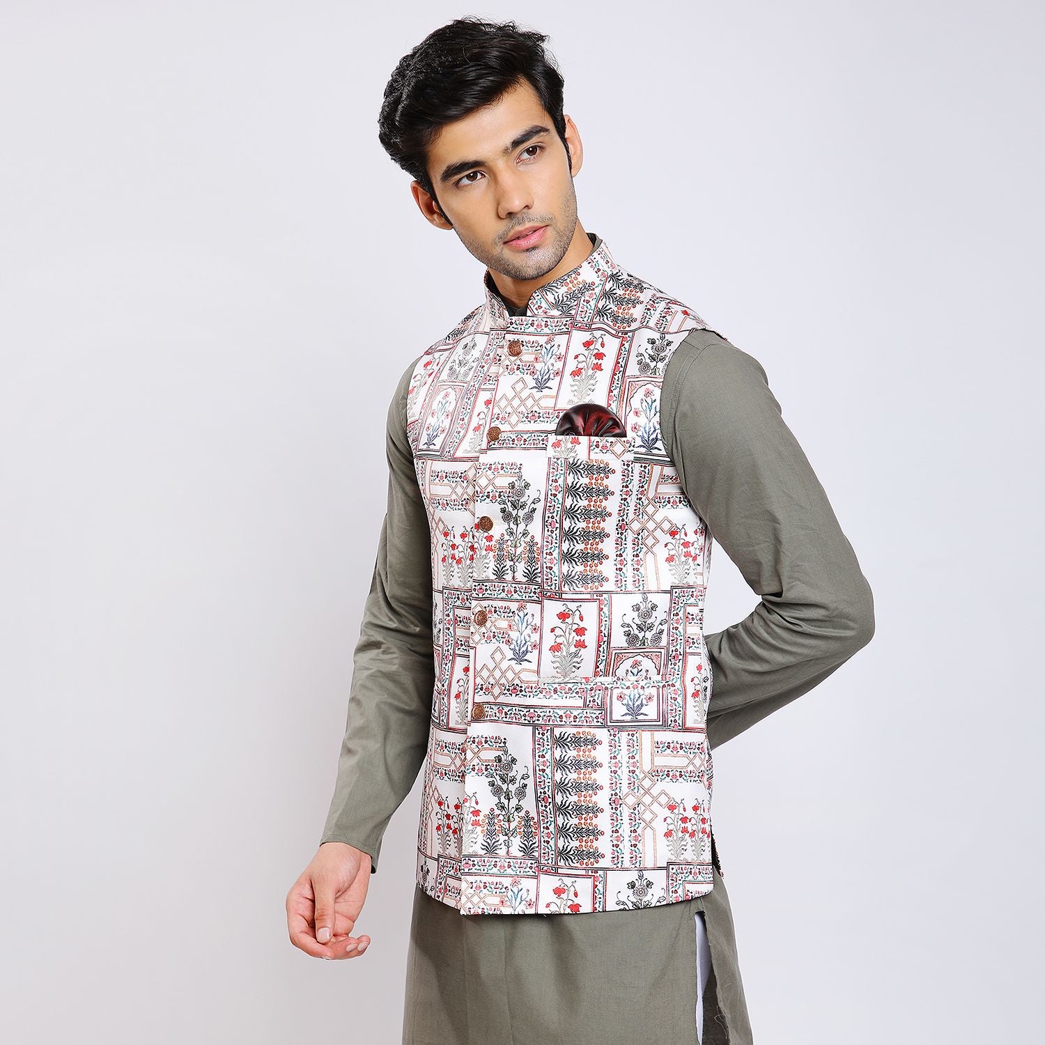 Awadhshree Satin Printed Nehru Jacket White