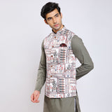 Awadhshree Satin Printed Nehru Jacket White