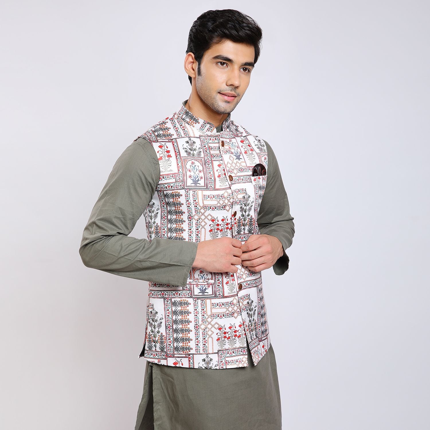 Awadhshree Satin Printed Nehru Jacket White