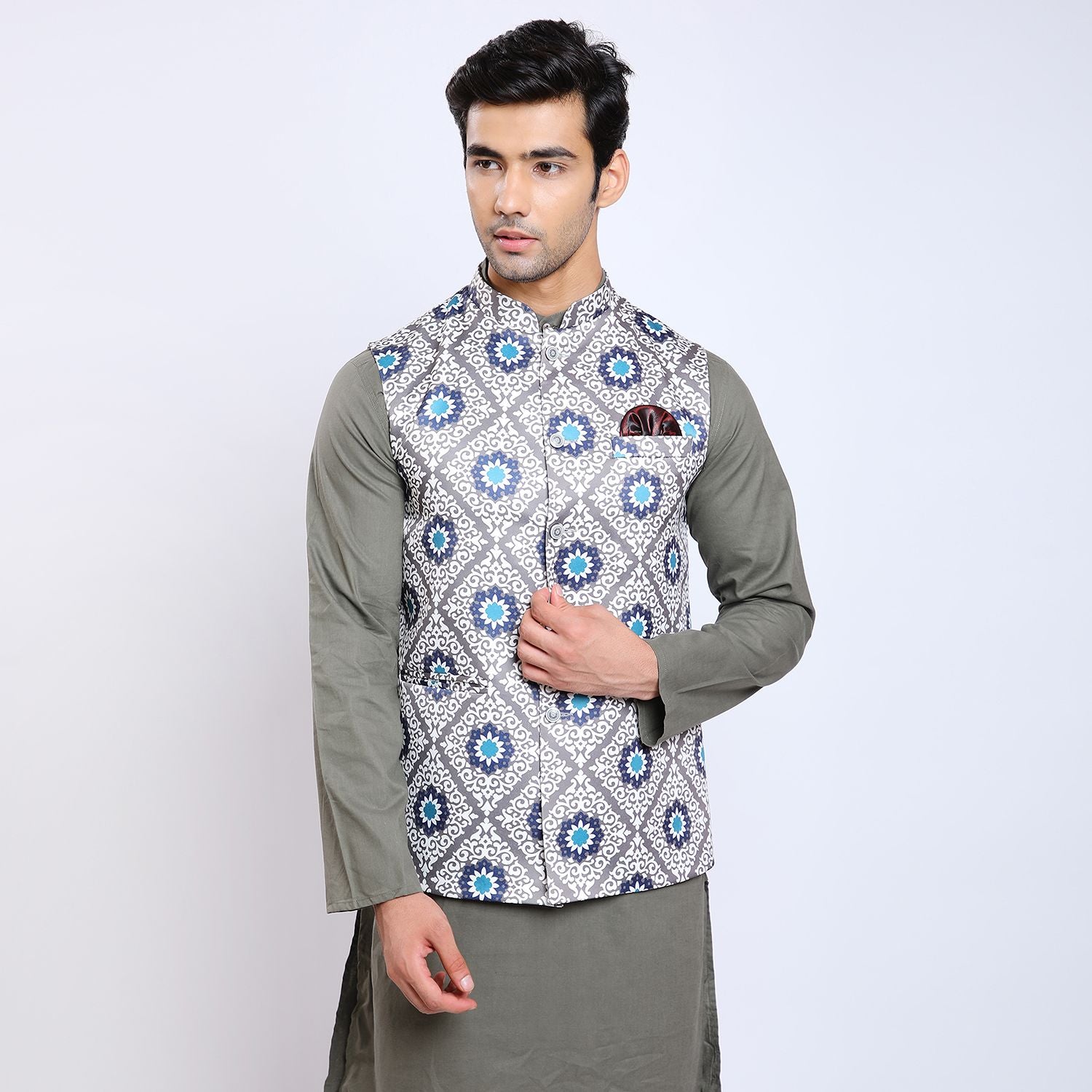 Awadhshree Satin Printed Nehru Jacket Grey