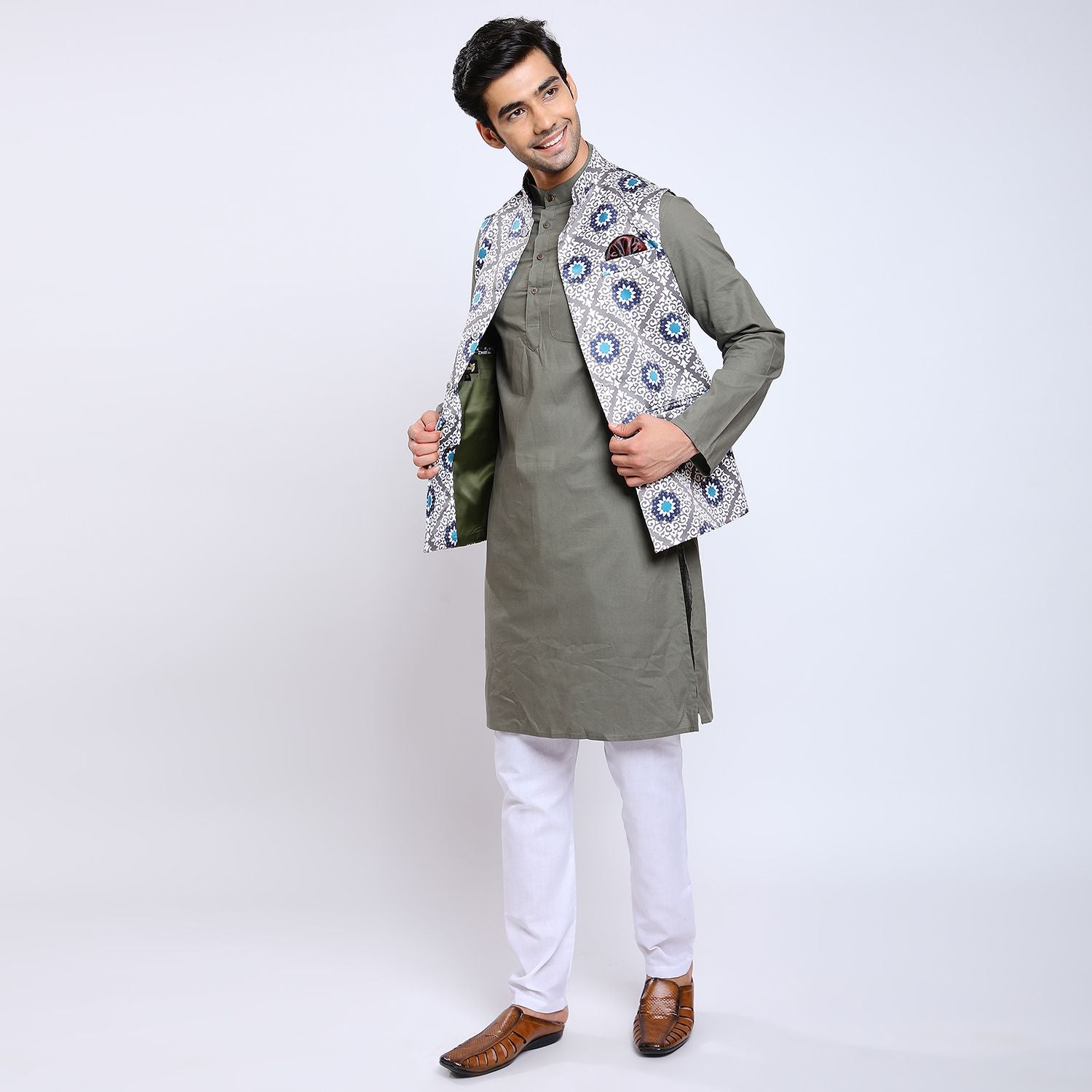 Awadhshree Satin Printed Nehru Jacket Grey