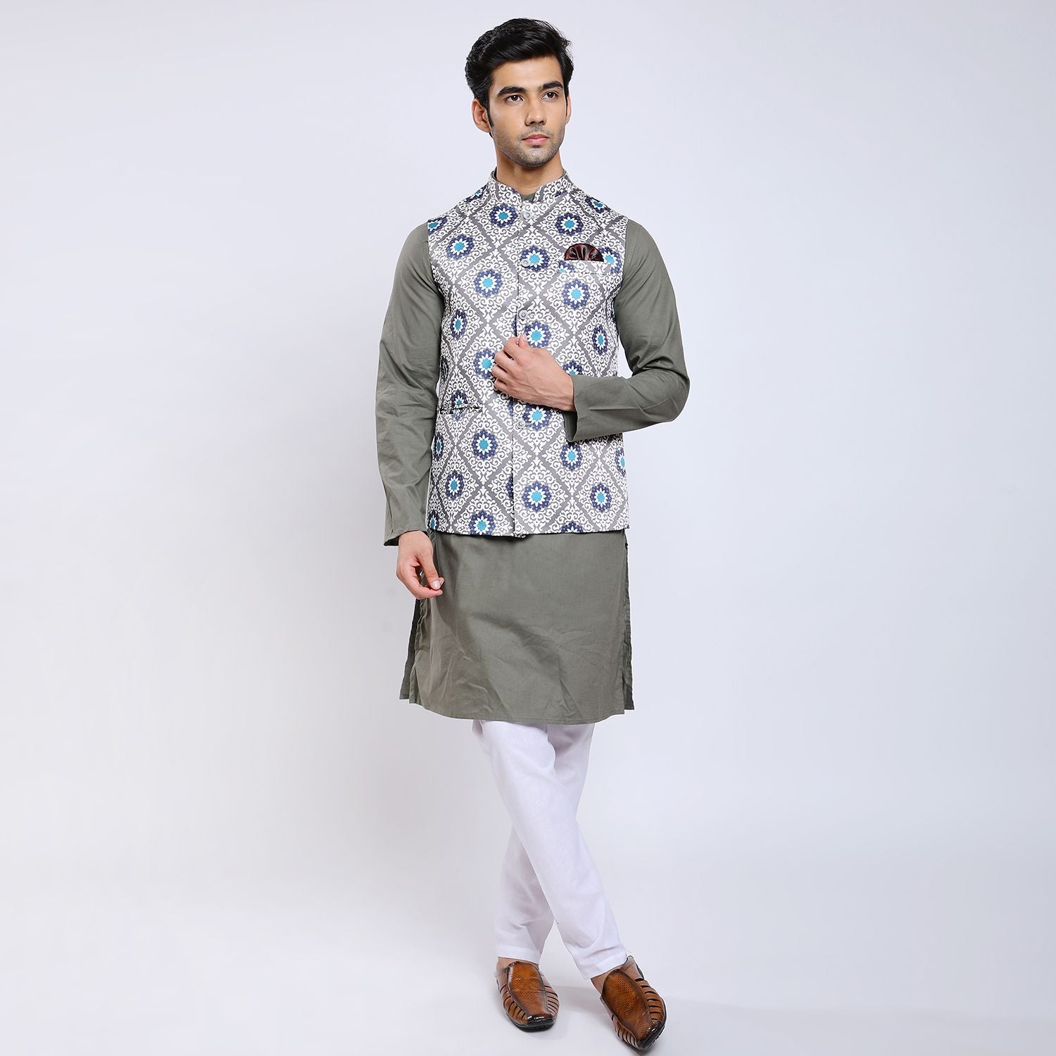 Awadhshree Satin Printed Nehru Jacket Grey